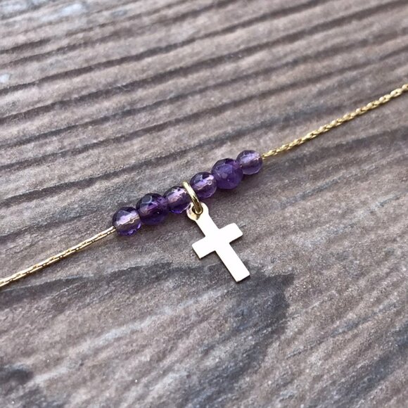 Beaded Cross necklace, gold, Easter gift, Christian gift, minimalist, gemstone, - Picture 1 of 6